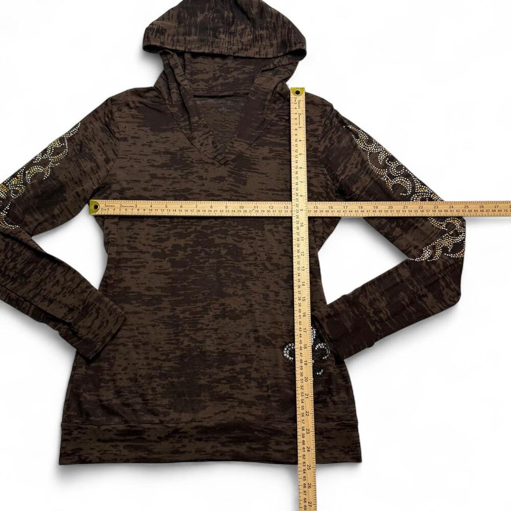 Y2K Sheer 2000s Brown rhinestone fleur de lis long sleeve top hood Mcbling large - Picture 5 of 7